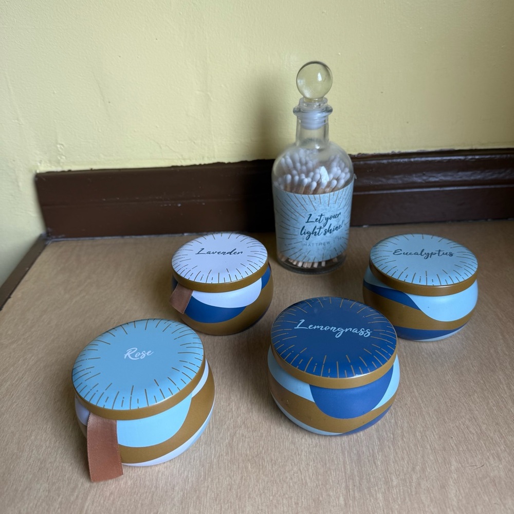 Set of Scented Candles - Blue Gold Let your light shine Joel Osteen Fire Matches